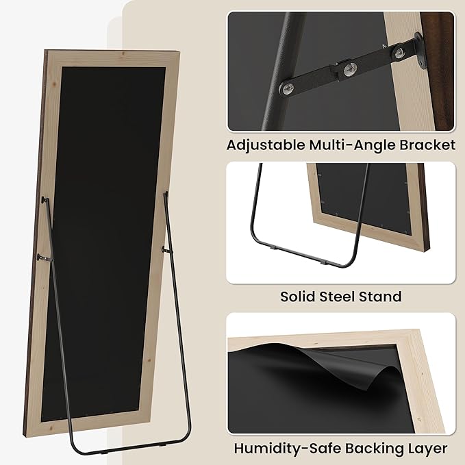 Full Length Mirror, 63"x21" Rustic Farmhouse Floor Mirror with Stand, Rectangular Solid Wood Frame in Walnut Finish, Full Body Mirror for Bedroom, Hallway & Living Room