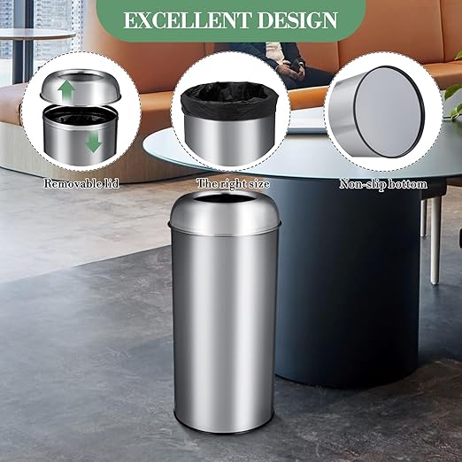 65L/17 Gallon Tall Commercial Trash Can, Large Capacity Brushed Stainless Steel Trash Bin with Open Top, Commercial Grade Heavy Gauge for Home, Office, Restaurant