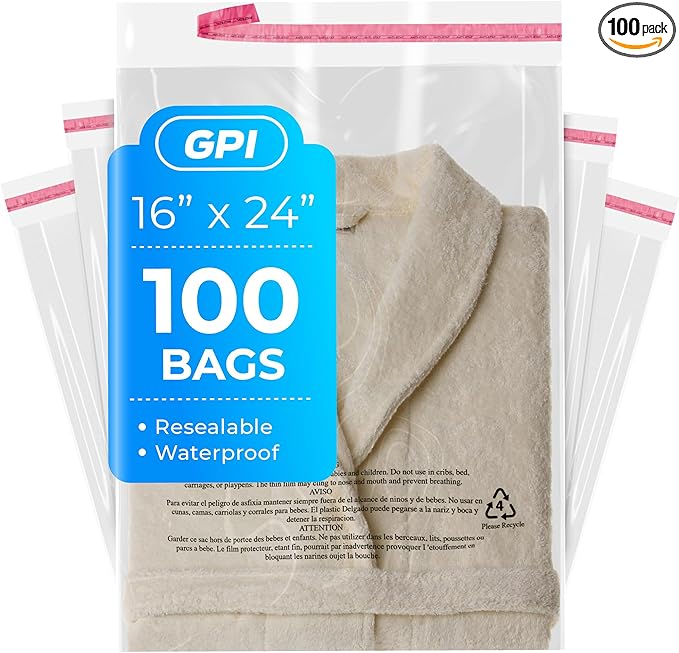 100 Count - 16" x 24" Extra-Large Self Seal Poly Bags with Suffocation Warning, 1.5 Mil, Clear Polybags with Resealable Adhesive Strip for Shipping & Packaging Clothing, T Shirts & Sweaters. GPI
