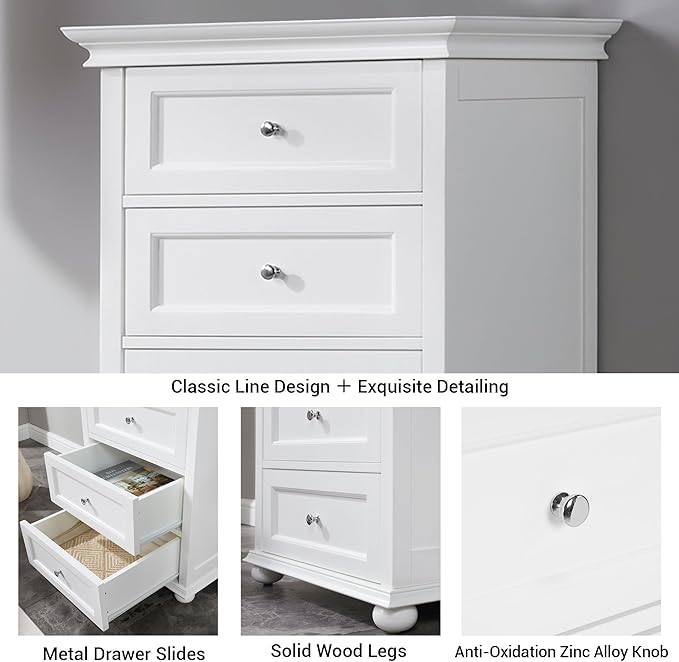 Tall White Dresser for Bedroom with 7 Drawers, 52" Tall Chest of Drawers Modern Wooden Lingerie Chest with Crown Molding and Solid Wood Ball Legs, Anti-0xidation Zinc Alloy Knob(White)