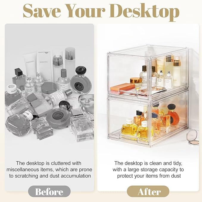 AZ.MIFENO Large Stackable Storage Drawers,Clear Thickened Drawer Organizers with Pull-Out Drawer for Skincare,Cosmetics, Ideal for Closet,Bathroom,Kitchen Undersink,Cabinet,Toy Organization (2 Packs)