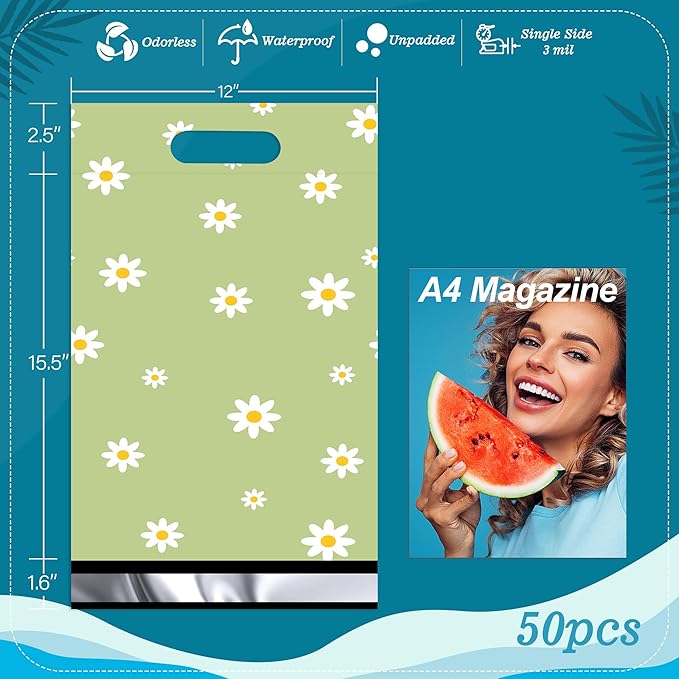 JinRuiKJ Poly Mailers with Handle 12x15.5 Inch 50 Pcs, Easy to Carry Packaging Bags for Small Business, Thank You Shipping Bags with Self Adhesive Strip, Tearproof and Waterproof - Chrysanthemum