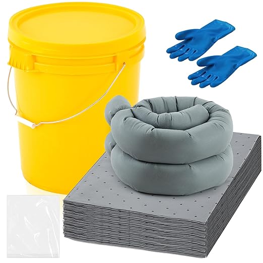 29 Pcs Universal Spill Kit Portable Complete 2.6 Gallon Spill Kit, Absorbs Oils Water and More, Yellow Bucket, 20 Absorbent Pads, 2 Pcs 3" x 4' Sorbent Socks, 5 Disposal Bags, PVC Gloves