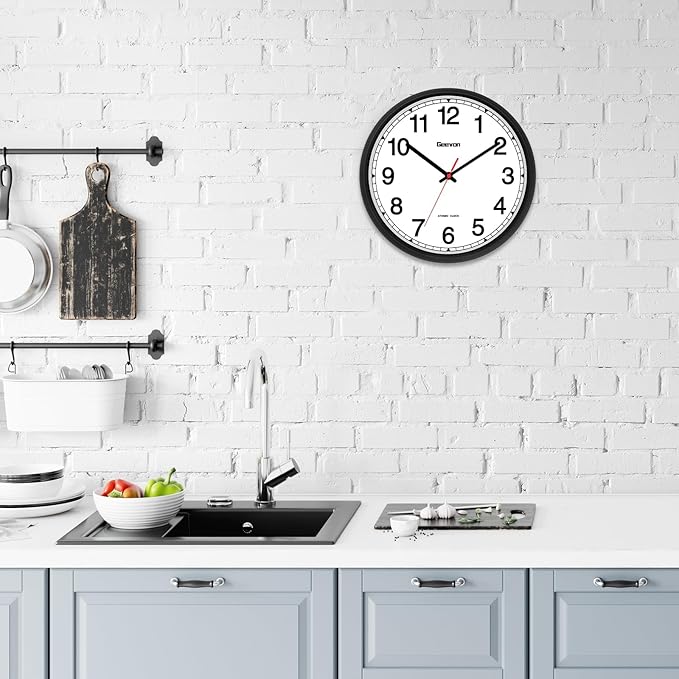 Geevon 16 Inch Atomic Wall Clock - Self-Setting Analog Clock with Automatic Time Sync - Battery Operated for Home Office School - Black Frame