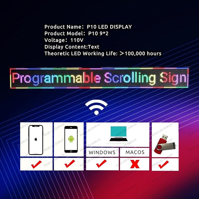 XSGD P10 Scrolling LED Sign WiFi Programmable LED Display, Outdoor IP65 Waterproof Digital Message Display Board, Customizable Neon Sign Open Signs for Business Advertising Store Restaurants 115"X14"