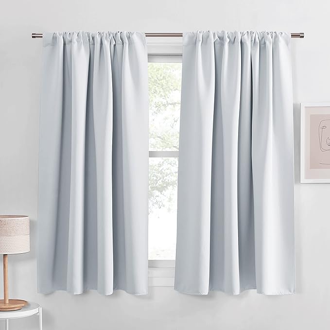 PONY DANCE Short Room Darkening Curtains 48 inch Long for Small Window, Rod Pocket Privacy Bathroom Draperies, Lighting Filtering Drapes for Basement(2 Panels Set,Greyish White, W42 x L48 inches)