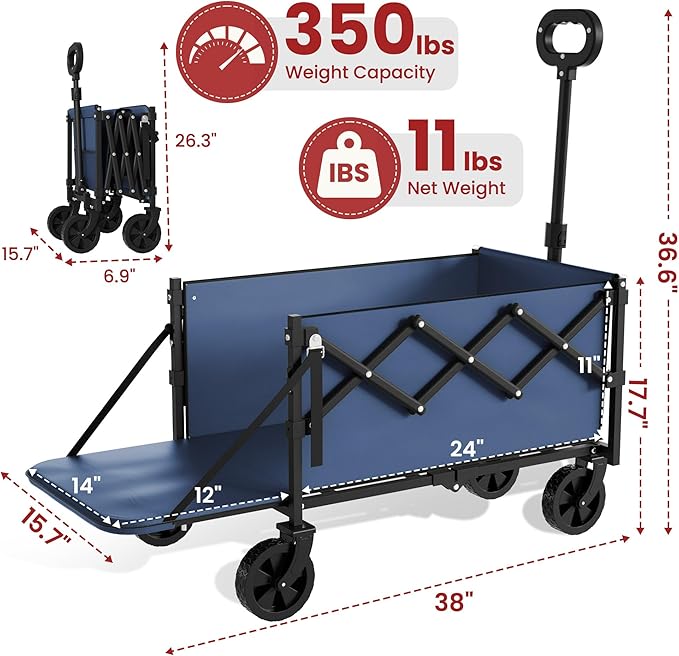 Collapsible Wagon with Wheels & Tailgate, 350LBS Wagons Carts Foldable Heavy Duty, Lightweight Portable Folding Utility Wagon Grocery Shopping Cart for Garden, Camping, Beach (Navy)