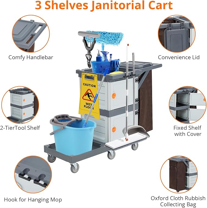 Heavy-Duty Commercial Janitorial Cleaning Cart with 2 Cabinets, 3 Shelves, Vinyl Bag, and Wheels for Housekeeping in Hotels, Schools, and Apartments