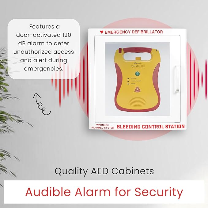 AED Defibrillator Wall Mounted Cabinet with Bleeding Control Kit Storage, 20-Gauge Steel, Large 17.4x17.3x6.9 Inch, Durable Metal Cabinet with Clear Window & Door Activated Alarm–Fits All AED Brands