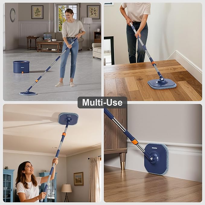 Spin Mop and Bucket Set, Mop Bucket with Separate Dirty Water System, Deep-Cleaning Mops for Floors/Wall, Versatile Mops with 6 Microfiber Mop Pads