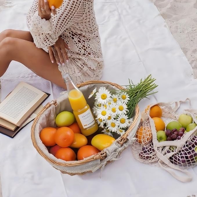 Large Wicker Picnic Basket with Handles,Handle Sturdy Woven Body with Removable and Washable Lining,Outdoor Camping,Gift Packing,Garden Picking, Storage.White Flower