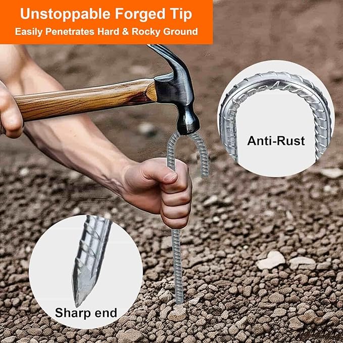 Heavy Duty Rebar Stakes 12-Pack 12-Inch - Hot-Dip Galvanized J-Hook Ground Anchors for High Winds, Trampoline, Fencing, Landscape Fabric - Forged Tip for Rocky & Hard Soil