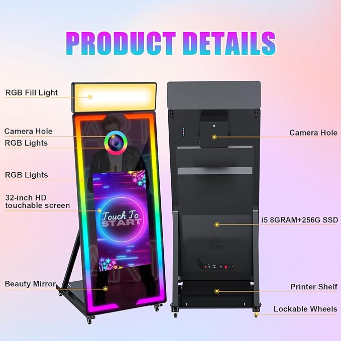 Magic Mirror Photo Booth 65" with 32" Touch Screen Selfie Mirror Photo Booth Machine with Flight Case Remote Control Ring Light for Event Rental Wedding Party (65-32in White)