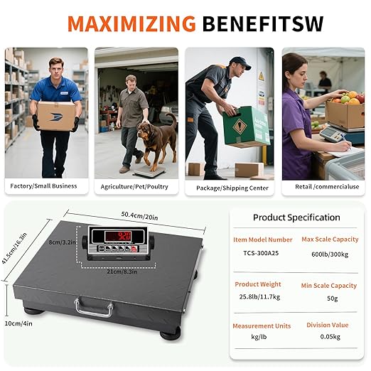 MEIYA Heavy Duty Shipping Scale, 660 lb Industrial Platform Scale for Packages, 0.1 lb Accuracy Postal Scale for Small Business & Warehouse with LB/KG, Counting, Tare & LCD, Lithium Battery & Adapter