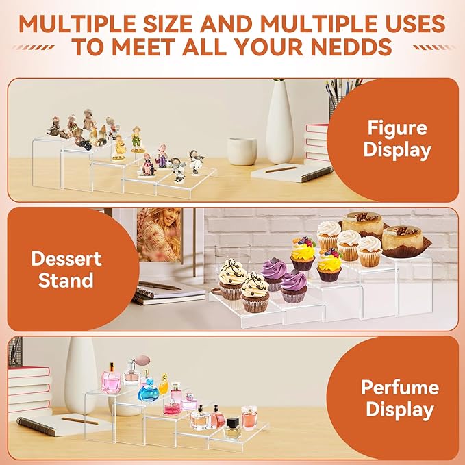 10 Pcs Large Acrylic Display Risers, 2 Sets Clear Risers Display Stands, 0.19" Thick Large Acrylic Risers for Display, Clear Rectangular Display Shelf for Showcase Cupcake Dessert Toys Perfume