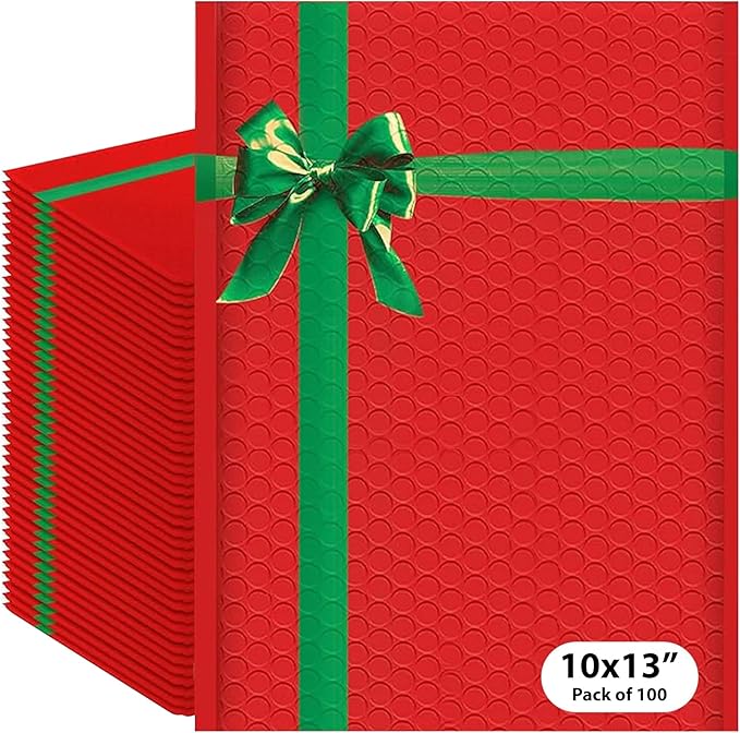 Christmas 10x13 Inch Poly Bubble Mailers |Self Seal Padded Envelopes for Thick books | Air Cushioned Bubble Mailer | Usable Size 9.5x13 Inch | Waterproof Lightweight Mailing | 100 Pack Bulk