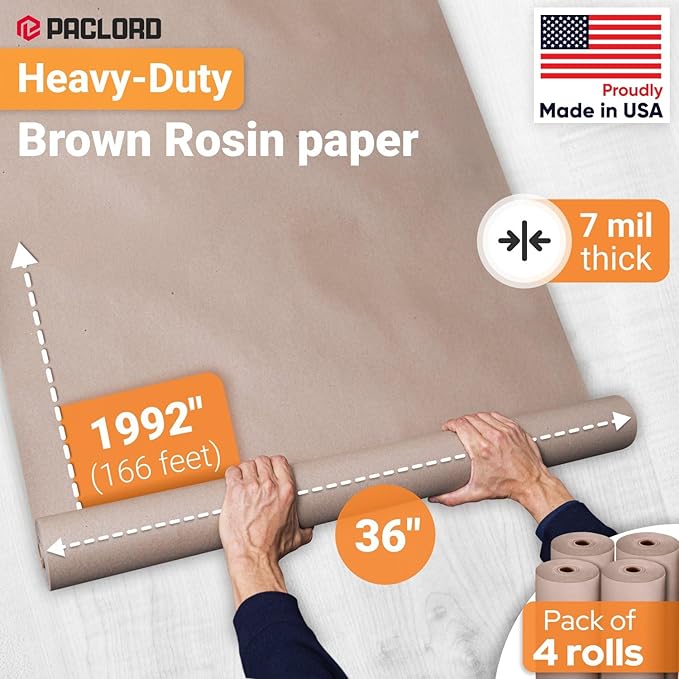 36" x 1992" (166’) Brown Rosin Paper Roll (Pack of 4) - Made in USA Thick Heavy-Duty 7 mil Masking Paper for Surface Protection from Paint, Dust, Foot Traffic - Paint Floor Covering