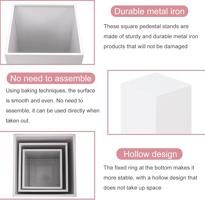 HAISIWLKJ 3PCS Square Pedestal Stands for Parties, White Metal Square Plinths Dessert Table Cube Display Pillars for Birthday Wedding Bridal Baby Shower Party Decorations(Small)