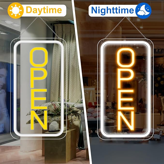 inShareplus 16"x 9" Super Bright Open Sign,12V LED Neon Open Signs for Business for Window, with ON/OFF Switch, Electric Light up Signs for Stores, Restaurants Retail Shops (Yellow-White-Vertical)