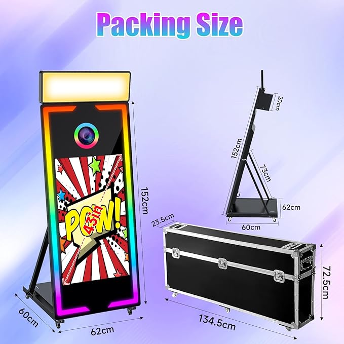 Magic Mirror Photo Booth 65" with 43" Touch Screen Selfie Mirror Photo Booth Machine with Flight Case, Mirror Photo Booth for Event Rental Wedding Party