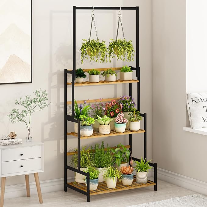 Ufine Bamboo Hanging Plant Stand 3 Tier Ladder Shelf with Hanging Rod Height Adjustable Flower Pot Display Organizer for Balcony Porch Living Room