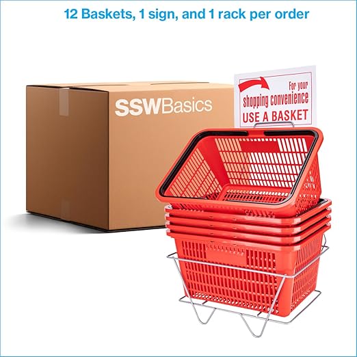 SSWBasics Red Shopping Baskets With Stand - Set of 12 - Basket Dimension 8-1/2"H x 12"W x 17"L - Perfect for Retail, Thrift, Grocery, and Convenience Stores - Holds 5 Gallons of Merchandise - Ideal