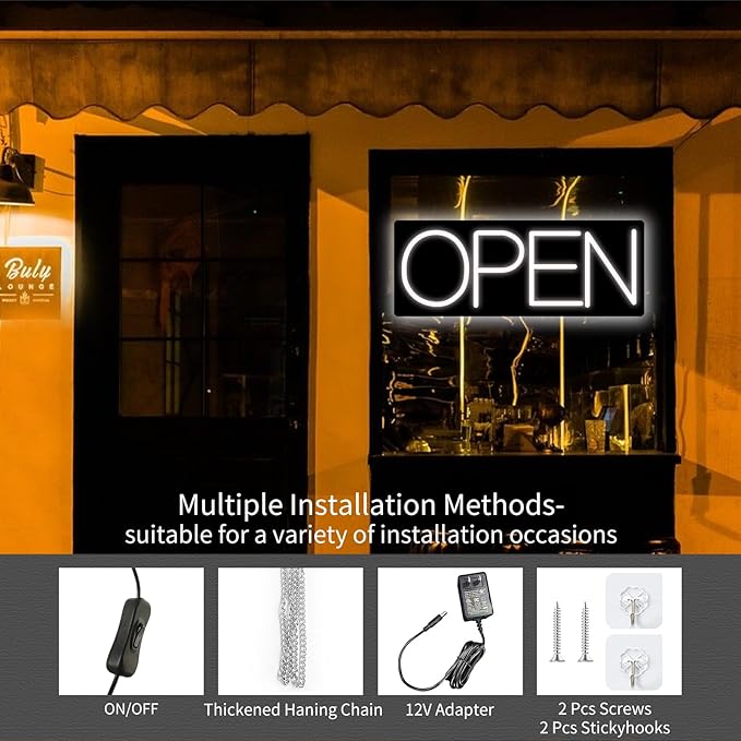 Open Signs for Business, LED Neon Open Sign 16 Inch 12V/2A Ultra Bright Lighted Open Sign Electric Light Up Open Sign for Business Storefront Window Glass Door Retail Shop Store Bar Salon Restaurant White