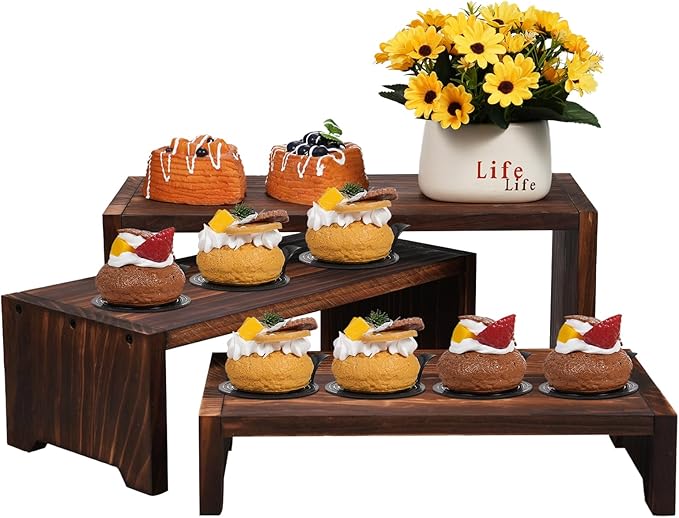 3-Tier Wooden Cupcake Stand & Display Risers, for Food Desserts & More, Sturdy & Reusable