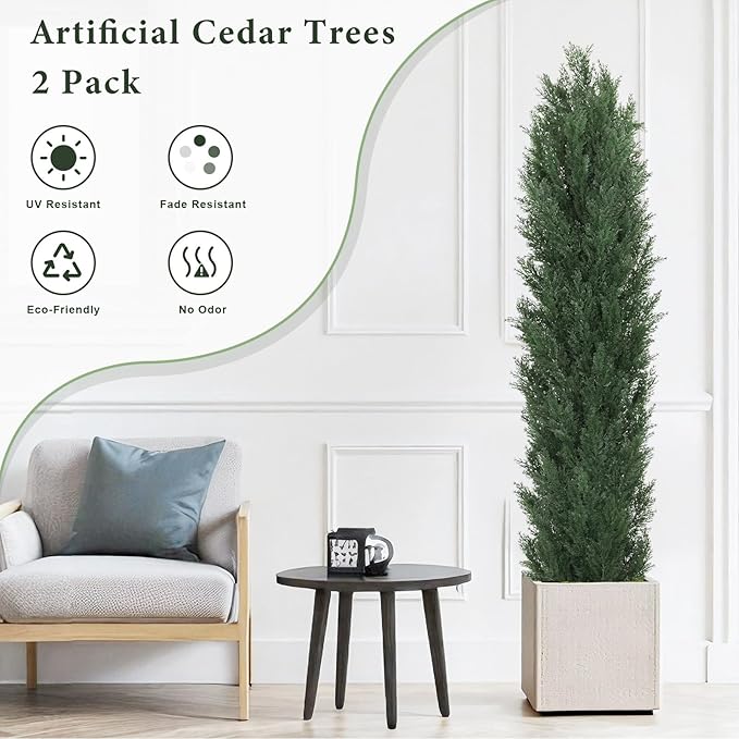 THE BLOOM TIMES 6ft Large Topiary Trees Artificial Outdoor Set of 2, UV Resistant Faux Cedar Pine Cypress Bushes & Shrubs, Fake Plants for Front Porch Outside Planter Patio Decor 6 Foot Tall