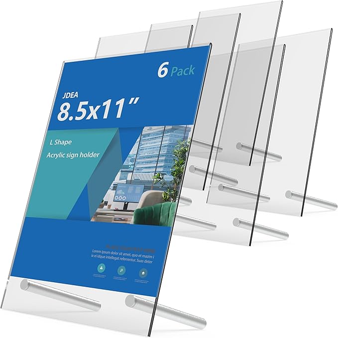L-Shaped Acrylic Sign Holder – Shatterproof Clear Display Stand for Menu, Flyer, or Certificate Display – Impact-Resistant Acrylic Table Sign Frame (8.5x11 inch 6pack)