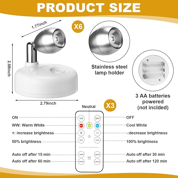Hortsun 6 Pcs Mini Battery Operated Spotlights with 3 Remote Indoor Plant Wireless LED Spot Lights Rotatable Dimmable Accent Picture Lights for Wall Artwork Painting Display(White)
