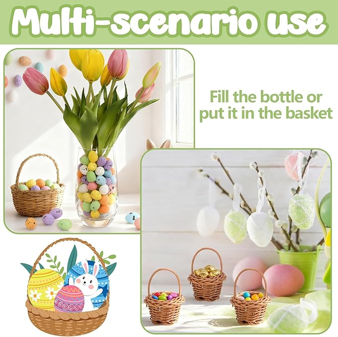 12 Pack Easter Mini Woven Handbasket with 50 Pcs Eggs,Tiny Decorative Picnic Baskets with Handle, Easter Miniature Basket Set for Home Office Decor Wedding Birthday Party Favors