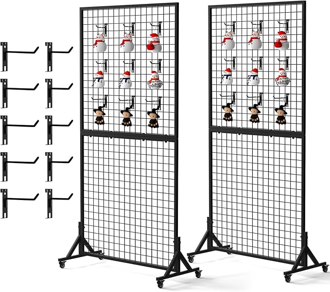 Kokorona 2-Pack 2.9' x 6' Grid Wall Panel Display Stand with 10 Grid Hooks, Wire Grid Wall Display Rack with Rubber Wheels, Floorstanding Art Display Panels for Art Craft Show, Retail Display Stand