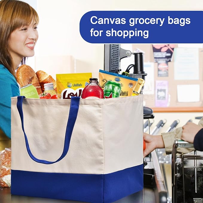 Canvas Reusable Grocery Bags Heavy Duty, 8.3 gal Foldable Large Tote Bag with Handles, Holds 60 lbs Canvas Shopping Bags, 1 Pack