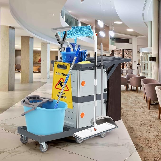 Commercial Janitorial Cleaning Cart: 3 Shelves + 2 Cabinets + Oxford Bag + Cover, Wheel Rolling Housekeeping Cart for School, Hotel, Apartment & More