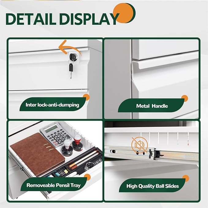 3 Drawer File Cabinet with Lock, Metal Mobile Filing Cabinet on Wheels, Under Desk Storage Cabinet for Home Office, Deep Drawers for Letter/Legal/A4 Files with Anti-Tip Design (White)