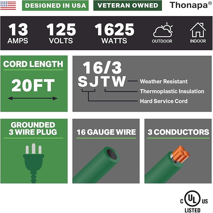 13 Amp Outdoor Extension Cord 20 ft, 16/3 SJTW 20ft Green Extension Cord 3 Prong, Weatherproof for Outdoor Lights, Landscaping & Lawn - US Veteran Owned