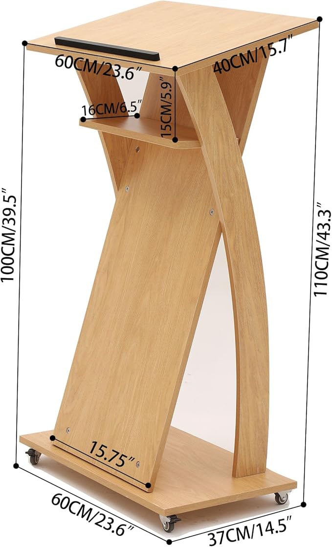 Mobile Wooden Podium Stand with Wheels Lectern Oak Color 16MM Wood Board Elegant Design Wooden Pulpit for Churches Seminars and Schools