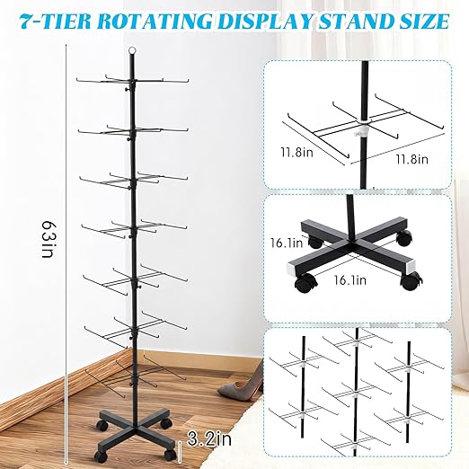 Ripeng 1 Pcs 7‑Tier Retail Display Stand – Rotating Display Rack with Wheels for Jewelry Keychains Socks Hats – Adjustable Movable Shop Spinner for Craft Shows Vendor Events & Stores Accessories,Black