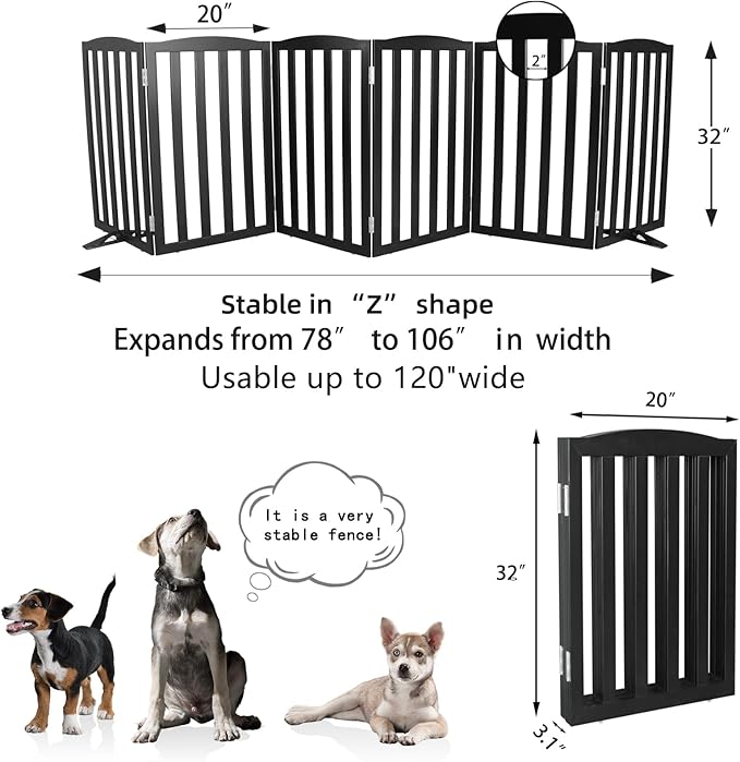 Freestanding Dog Gate Indoor,Doggie Gate Foldable Pet Gates for Doorways,Stairs or Hallways, Wooden Black Pet Gate for The House, Pet Fence with Support Feet Included,32 "Height-6 Panels