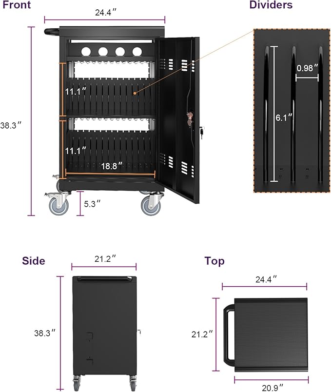 32 Devices Laptop Charging Cart, Tablet Storage Carts for Pad Up to 16.3" Screen Size, Classroom Computer Mobile Charging Station for Pads,Chromebooks,Laptops,Security Storage (Black)