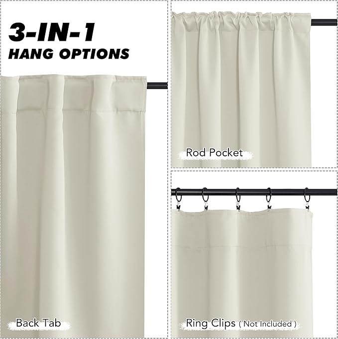 KGORGE 63 inch Curtains 2 Panel Set, Privacy Thermal Solid Insulation Noise Reducing Light Filtering Drapes for Living Room Nusery, Back Tab Rod Pocket, W52 x L63 inches, Beige, 2 Panels