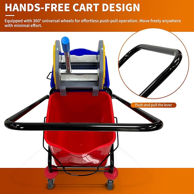6.6 Gallons x 2 Commercial Mop Bucket with Wringer & Steel Frame | Heavy Duty Dual Bucket System | Separate Dirty Water On Wheels for Janitorial