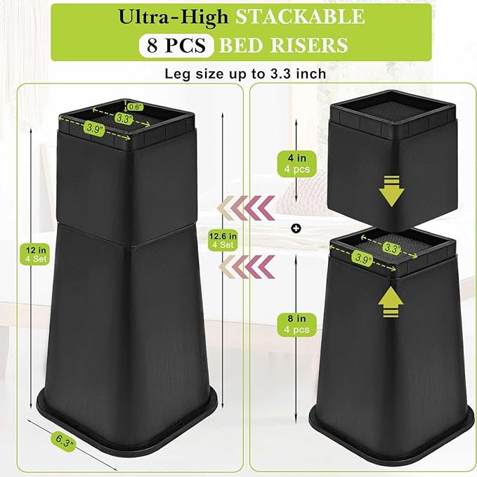 4 Pack Bed Risers 12 inch Heavy Duty, Adjustable Furniture Risers Lift Height 12",8" or 4" for Table Desk Couch Sofa Cabinet Bed Frame Dorm, Square Stackable Table Leg Risers, Black