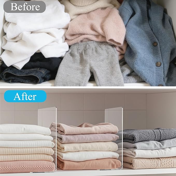 Acrylic Shelf Dividers for Closet Organization: 10" Tall x 12" Deep Closet Shelf Divider for Clothes Sweater Purse - Clear Closet Organizers and Storage Separators for Shelves, 7Pack