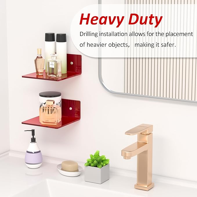 6 Inches Acrylic Small Wall Shelves, Red Floating Shelf for Wall Mounting, Acrylic Display Ledges for Funko Pop Figures, Home Décor, Living Room, Gaming Room, Plants, 2 Pack