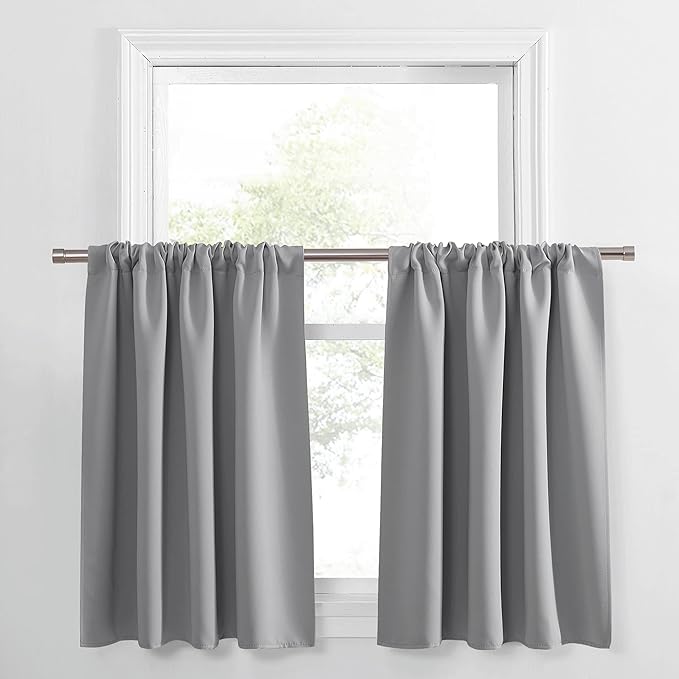 PONY DANCE Half Window Curtains - Kitchen Tiers Short Length Rod Pocket Valances Thermal Insulated Drapes for Nursery/Bathroom, 34 W x 36 L, Silver Grey, 2 Panels