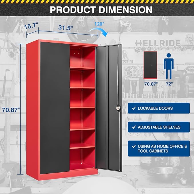 Metal Storage Cabinet-71” Tall Steel File Cabinets with Lockable Doors and Adjustable Shelves-Black&Red Steel Storage Cabinet for Home,Kitchen, School, Office, Garage