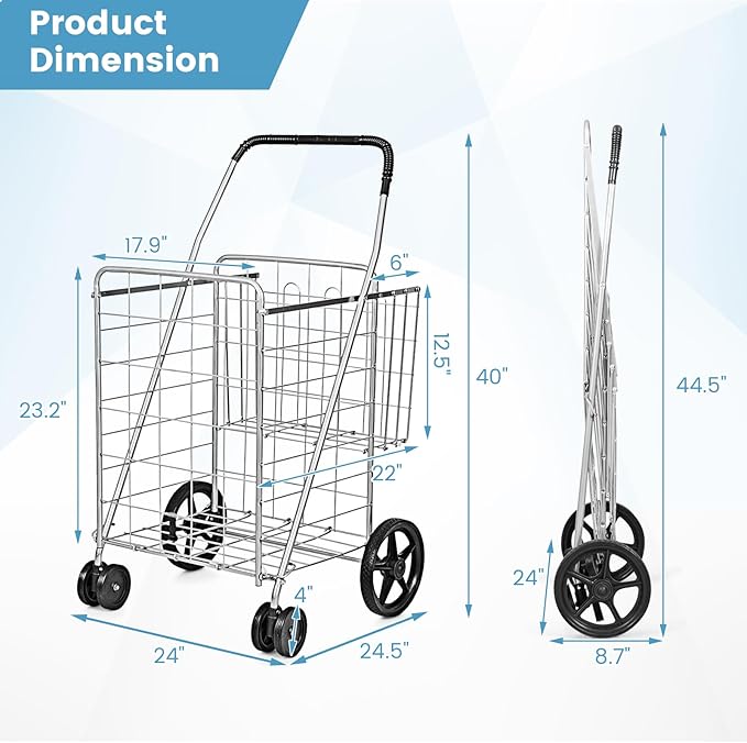 COSTWAY Folding Shopping Cart, Metal Grocery Cart with Extra Basket, 360° Swiveling Front Wheels & Comfortable Handle, Light Weight Collapsible Utility Cart for Laundry, Camping (Silver)