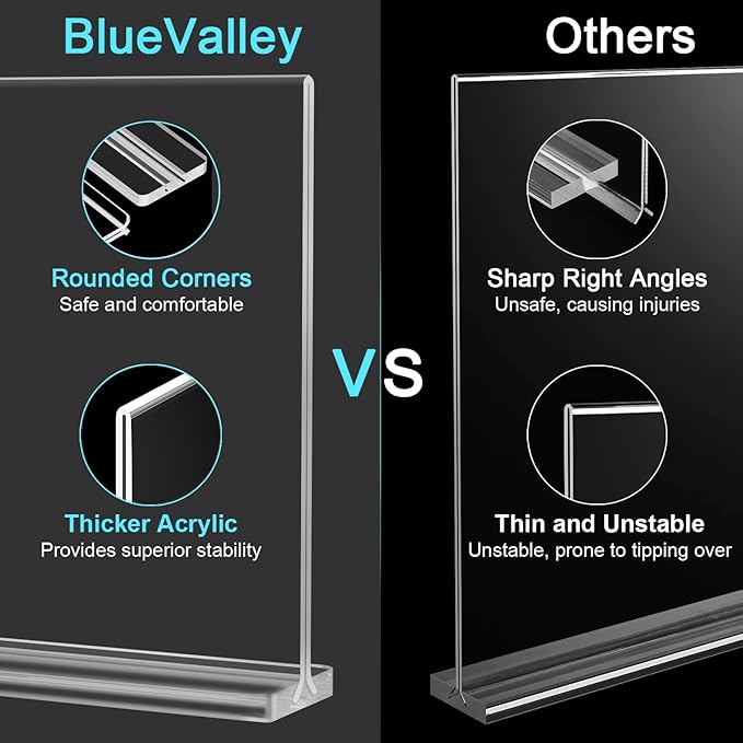 BlueValley Acrylic Sign Holder 8.5 x 11 Vertical - Double Sided Clear Sign Holders Plastic Stands for Display-6 Pack Document Paper Sign Stand for Table Top, Office, Restaurant, Store, Wedding, Party, Show Fairs